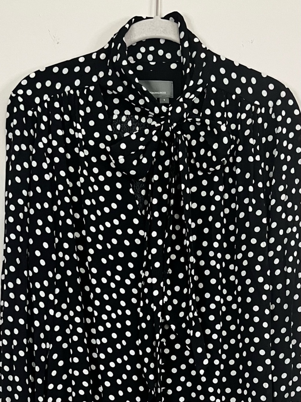 Anthropologie Polka Dot Tie Neck Mini Dress Black White Ruffle Size S Parisian - Picture 7 of 14